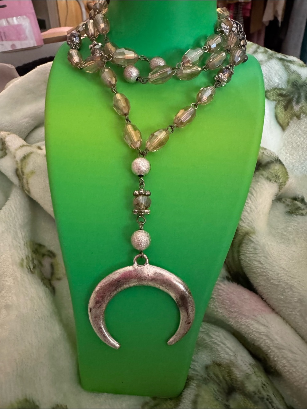 Silver Crescent Pendant Necklace with Champagne Beads - Women Jewelry
